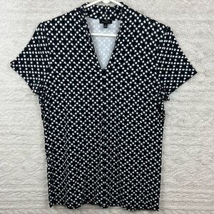 TALBOTS Geometric V-Neck Top Blouse Size Medium Dark Blue White Flutter Sleeve